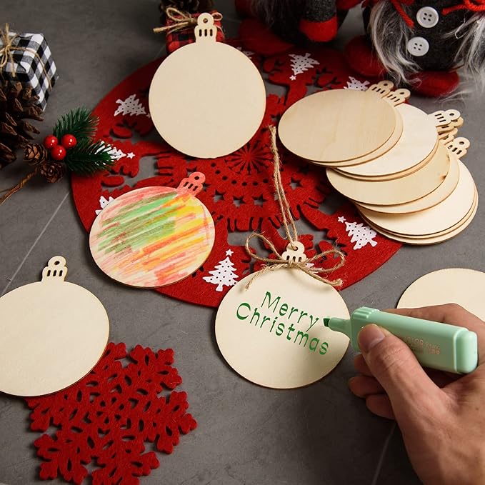 120 Pcs Wooden Christmas Ornaments Unfinished Wooden Circles with Holes Blank Round Wood Discs Slices Wooden Christmas Hanging Ornaments with Twine for DIY Crafts Present Tags Xmas Party Decor,3.1x4