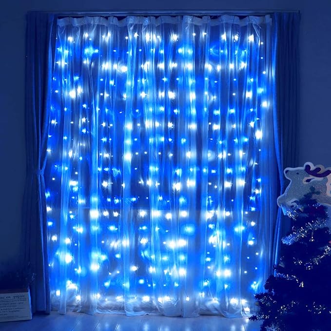 HEYFUNi Fiee Curtain Lights,304L 9.8ftX9.8ft 30V 8Modes Safety Window Lights for Home Wedding Christmas Party Patio Lawn Garden Bedroom Outdoor Indoor Wall Decorations (304LED, Blue+White)