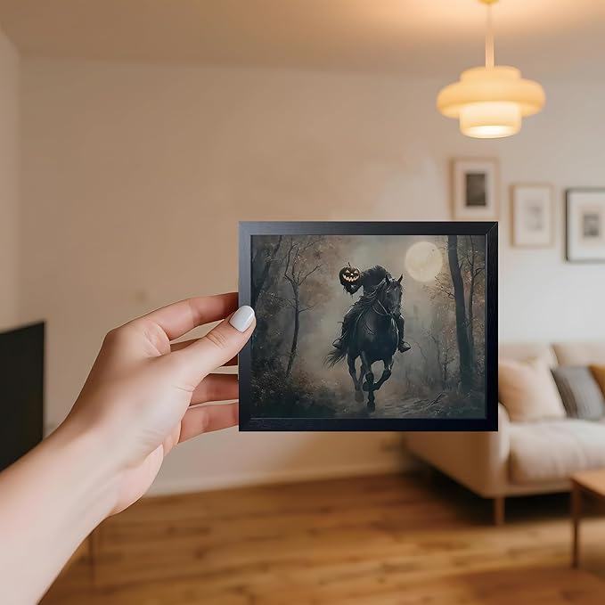 Black Wood Framed Halloween Canvas Wall Art Painting, Headless knight holding a pumpkin lantern Wall Decor, Vintage Dark Academia Gothic Poster Print, for Living Room Bedroom Office Decor 8x10 Inch
