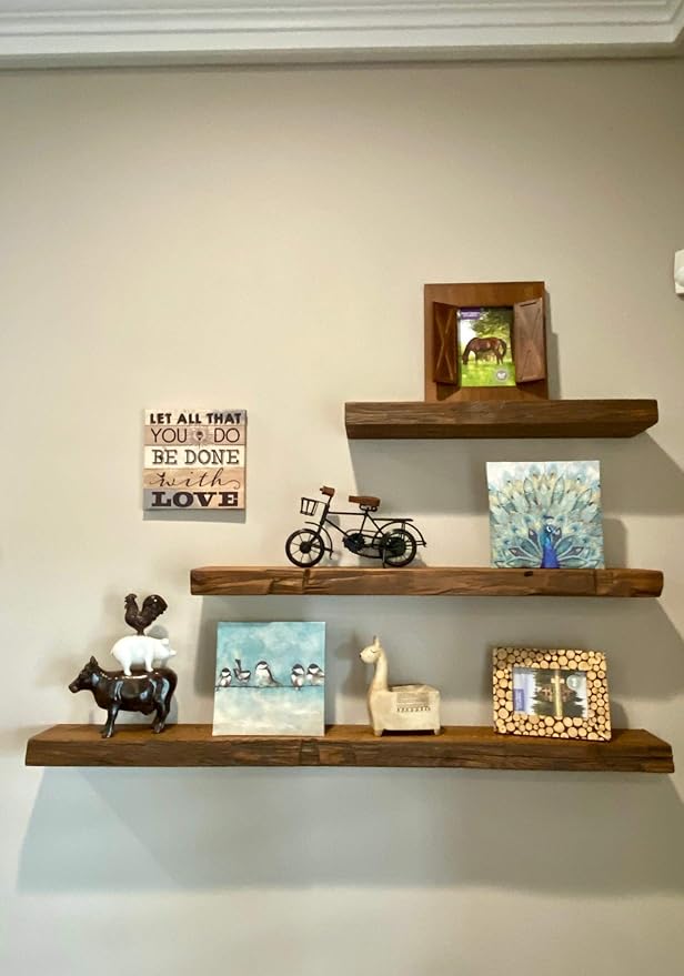 joelsantiques 36 Inch Floating Shelves - 36x9x2 in Wood Wall Shelf, Natural Wooden Home Decor for Bathroom Kitchen Bedroom, Hanging Mounted Invisible Bracket, Medium Brown