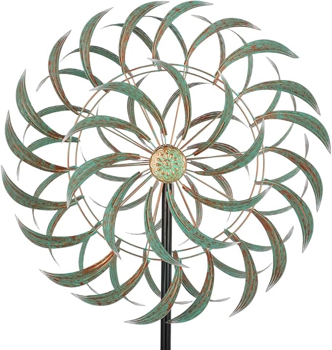 Viveta Large Outdoor Wind Spinner,21 * 85 inches Metal Wind Sculpture with 4 Sturdy Stakes,Green Double Wind Spinners,Decorative Windmill for Yard and Garden