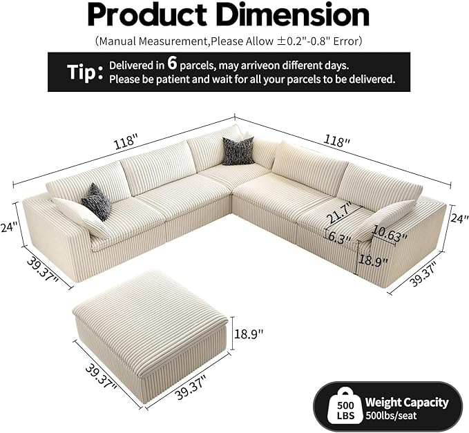 118" Cloud Couch Oversized Modular Sectional Sofa for Living Room,Modern Sofa with Deep Seat,6 Seater Boneless Couch,Comfy Upholstered Corduroy Couches for Apartment, Studio, Office,Bedroom,White