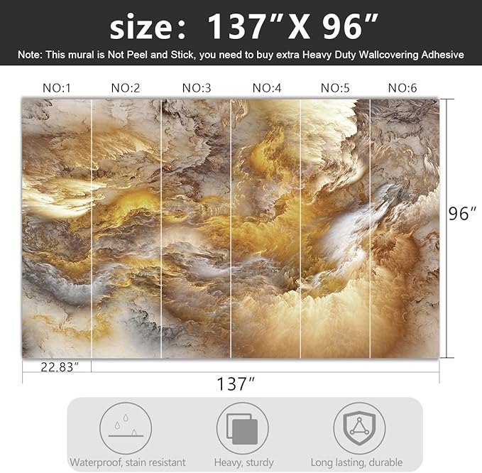 '-Golden Clouds Ceiling Fabric Wallpaper Living Room Bedroom Bathroom Modern Boys Girls Kids Room Abstract Large Mural- 137"x96"( not Peel and Stick)