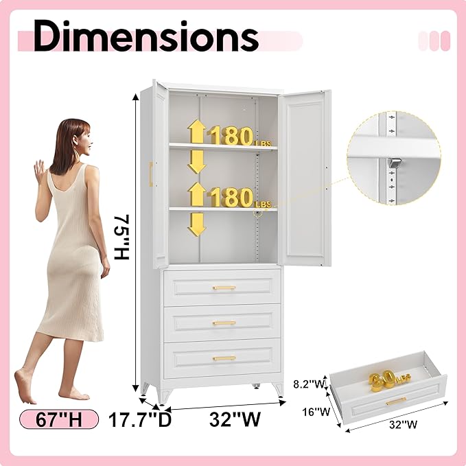 Pantry Kitchen Cabinet with Drawer, 75" Tall Pantry Storage Cabinet, Metal Storage Cabinets with Doors and Shelves, Large Freestanding Cupboard for Dining Room, Assembly Required, White