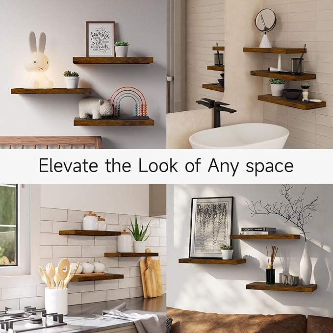 BAYKA Bathroom Floating Shelves for Wall โ Bathroom Shelf Over Toilet Farmhouse Rustic Wood for Bedroom, Kitchen, or Living Room Decor โ Rustic Brown, Set of 3, Sturdy Storage with 22lb Capacity