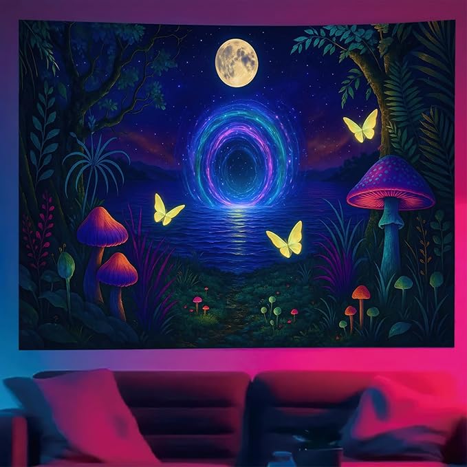 Starlit Patio Glowing Mushrooms Blacklight Tapestry UV Reactive Wall Hanging Psychedelic Portal Butterflies Moonlit Lake for Bedroom Dorm Living Room Fantasy Nature Decor Fluorescent Trippy Poster 78 x 59 Inch