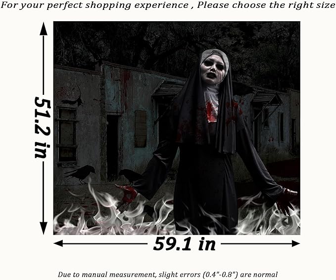 QGHOT Halloween Tapestry, Gothic Horror Movie Tapestry Wall Hanging Spooky Halloween Backdrop Creepy Scary Nun Haunted House Wall Decor for Bloody Party Decorations (59.1"x51.2")