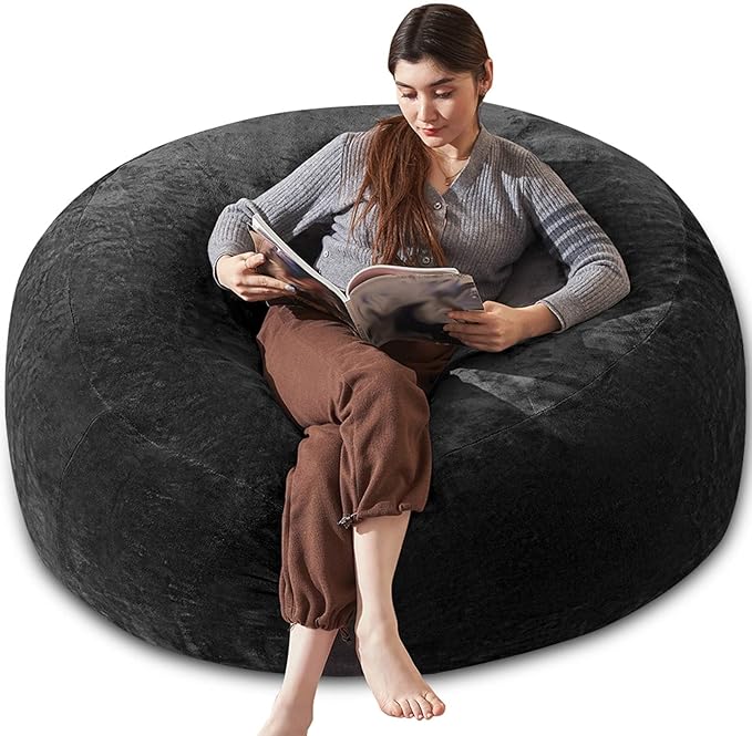 Bean Bag Chair 4Ft, Memory Foam Filled, Large Beanbag Chairs for Adults and Teens, Soft Sofa with Removable Flannel Cover, Round Couch for Living Room Bedroom College Dorm (Black, 4FT-47×47"×24")