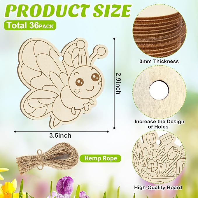 36 PCS Wooden Spring Ornaments to Paint, 12 Styles DIY Blank Unfinished Wood Flower Cutouts Butterfly Ornament for Crafts Hanging Decorations, Cute Bee Flower Shape Home Decorations Gifts