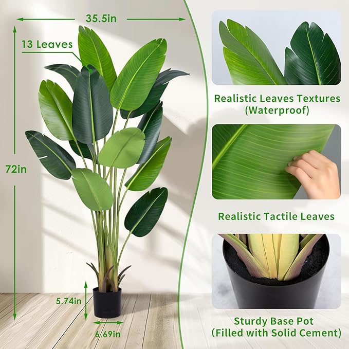 Artificial Bird of Paradise Plant 6Ft Fake Tropical Palm Tree with 13Trunks Faux Banana Leaf Trees in Pot for Home Indoor Outdoor Office Modern Decor Housewarming Gift(2Pcs)