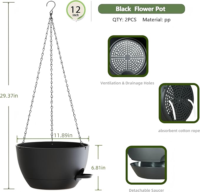 12 Inch Hanging Baskets 2 PC with Chains, Self-Watering Hanging Planters for Indoor Outdoor Plants, Plastic Hanging Flower Pots,Black