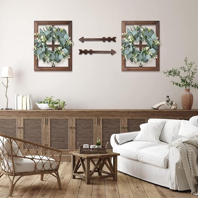 Rustic Wood Window Frame with Green Wreath and Arrows Wall Decor,Farmhouse Window Frame Hanging Decor,Wooden Fake Decoration,Window Pane Wall Decor,Set of 2 (Brown)