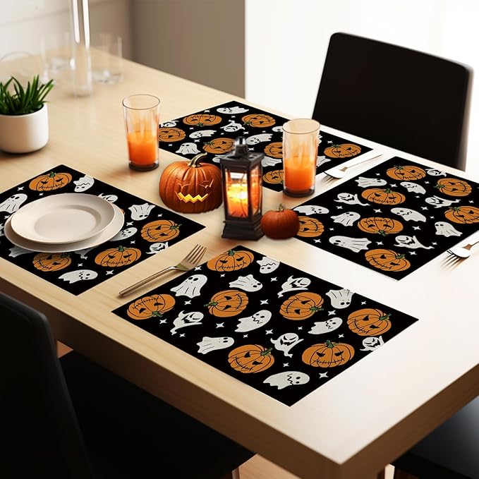 Halloween Placemats Pumpkins Ghost Set of 4 Table Mats Seasonal Home Party Kitchen Dining Table Decorations 12x18 Inch