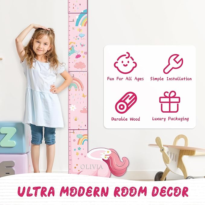 Personalized Name Growth Chart for Kids, Unicorn Wooden Wall Decor Growth Chart, Wall Decor for Kids Room, Wooden Growth Chart for Wall and Nursery Medical Office Toddler Playroom