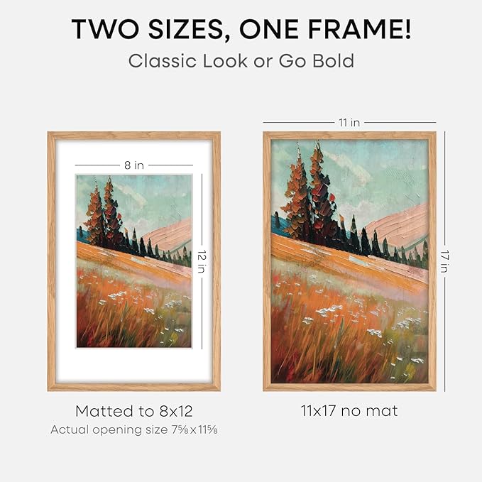 Homeforia 11x17 Wood Frame, High End Natural Oak 11x17 Light Wooden Picture Frame with Mat 8x12, 11 x 17 Poster Frames Matted to 8 by 12 Photo, 17x11 Hanging Frames, Tempered Glass, Wall Kit, Set of 1