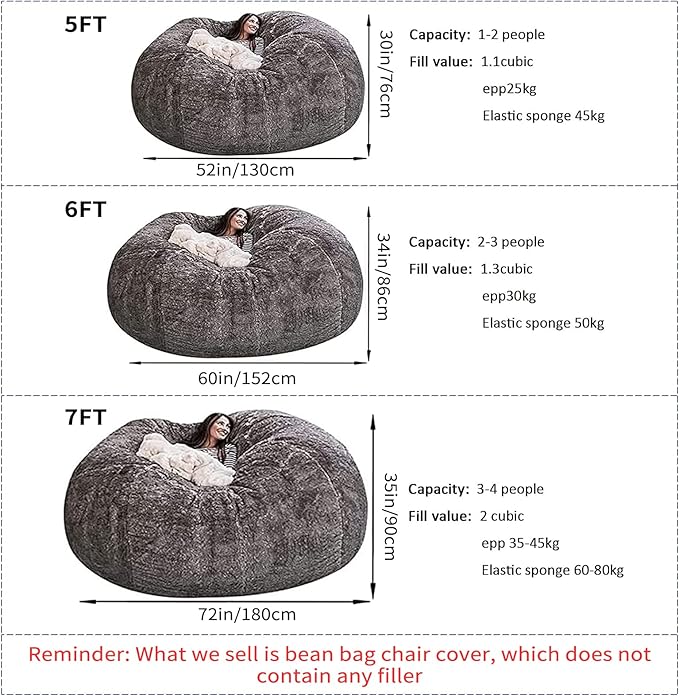 Big Huge Giant Bean Bag Chair for Adults, (No Filler) Bean Bag Chairs in Multiple Sizes and Colors Giant Foam-Filling Required- Machine Washable Covers, Double Stitched Seams (Red,7FT)
