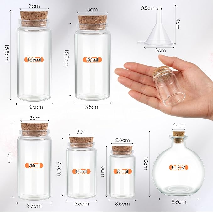 12 Pcs Halloween Glass Potion Bottle with Corks 6 Size Assorted Mini Glass Bottle Clear Message Jars with 2 Funnels for Halloween Decoration Party Favor Costume Prop DIY Crafts Witchcraft Supplies