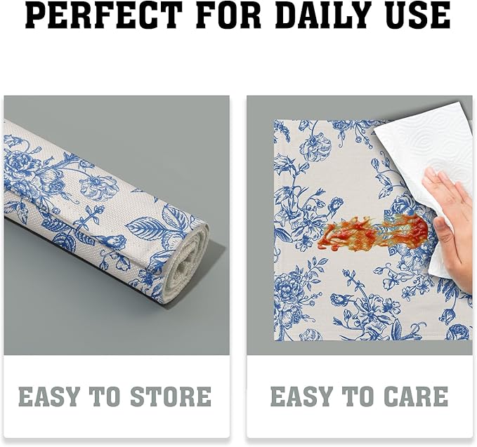 Blue Floral Placemats Set of 4 Vintage Flower Blue and Cream Washable Non-Slip Heat Resistant Place Mats 12x18 Inch Spring Summer Linen Table Mats for Kitchen Dining Party Decor