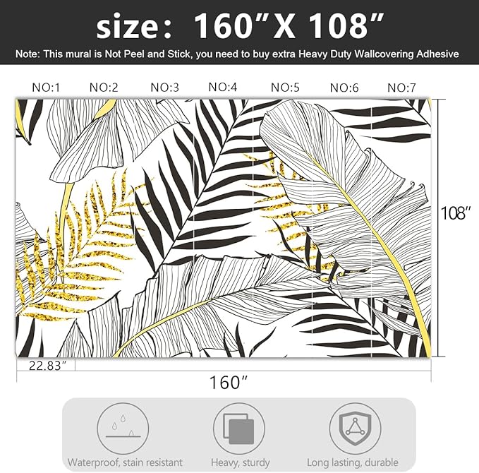'-Black and Gold Tropical Botanical Banana Leaf Fabric Wallpaper Living Room Bedroom Bathroom Abstract Plant Large Wall Mural- 160"x108"( not Peel and Stick)