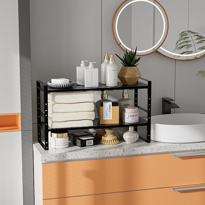 Expandable,Adjustable & Stackable Spice Rack, Cabinet Kitchen Countertop Shelf Organizer,Metal Pantry Storage Shelves - Space-Saving Storage Solution(1Pack/Black/Large)