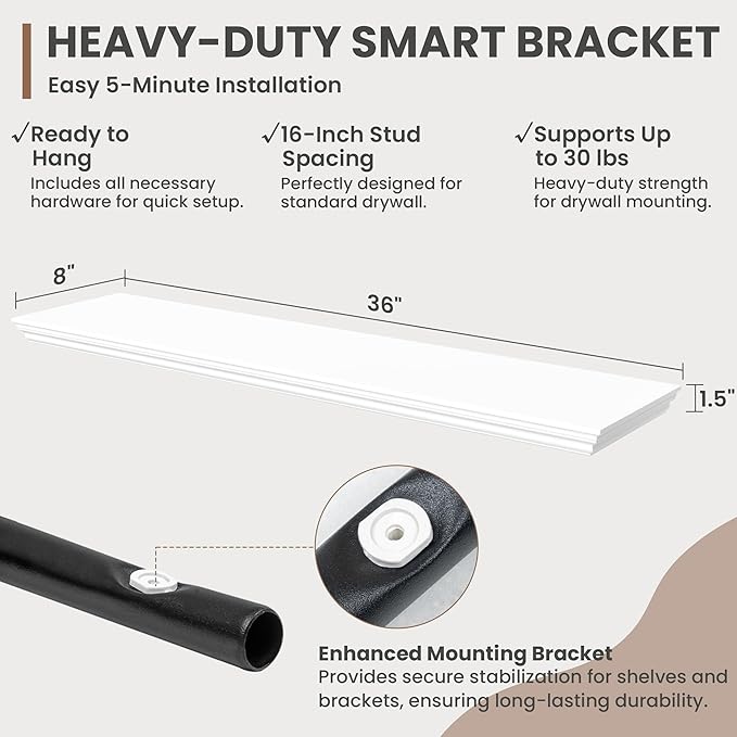 Floating Shelves for Wall, 36 Inch Long Wall Mounted White Hanging Shelf for Kitchen, Living Room, Office, Bedroom, Bathroom, Retro Vintage Wood Bookshelf for House Decor