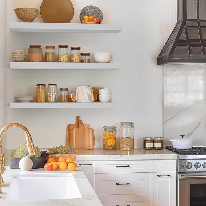 BAYKA Floating Shelves for Wall, 36 inches Wall Mounted Rustic Wood Shelves for Bathroom, Bedroom, Living Room, for Storage/Decor with 30lbs Capacity๏ผWhite,Set of 3