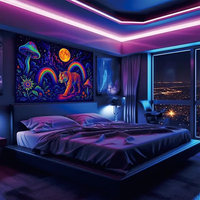 Starlit Patio Psychedelic Tiger Blacklight Tapestry UV Reactive Wall Hanging Rainbow Mushrooms Castle and Moon for Bedroom Dorm Living Room Glowing Jungle Decor Fluorescent Trippy Poster 78 x 59 Inch