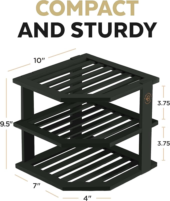 Cabinet Organizer Shelf - Bamboo Corner Rack for Kitchen Counter, Cabinet Space Saver for Plates, Dishes, Bowls, Bread Pantry, Bathroom Storage or Countertop Stand, Black