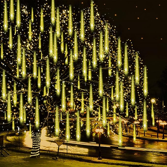 Christmas Lights Outdoor, UL Certified Falling Rain Drop Light 8 Tubes 192 LED Meteor Shower Lights Snow Dripping Icicle Light for Xmas Tree Christmas Decorations Holiday Party, Warm White