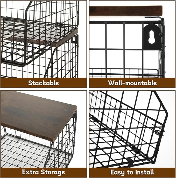 CYEAH 2 Pcs Stackable Fruit Basket for Kitchen, Hanging Wall Fruit Basket with Wood Lid, Space Saving Wall Mounted Mesh Metal Wire Baskets, Kitchen Counter Organizer for Snack, Onion, Potato Storage