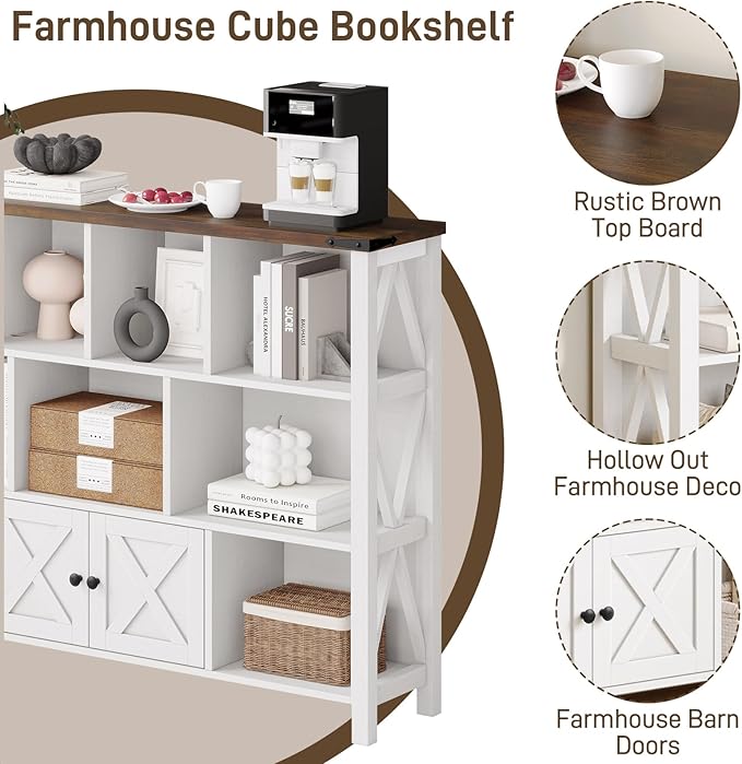 11 Cube Storage Organizer Bookshelf, Wooden Open Cube Shelf Bookcase, Farmhouse Display Book Shelf, 3 Tier Cube Bookshelves with Storage, Rustic White