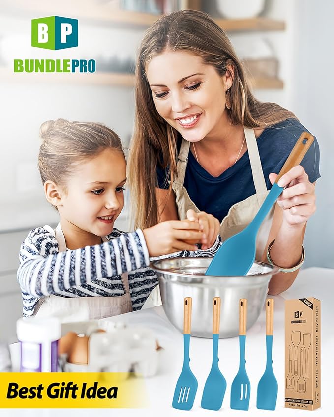 Pack of 4 Silicone Kitchen Utensils Set, Non Stick Solid Spatulas and Heat Resistant Slotted Spoons with Wooden Handle, Ideal BPA Free Cooking Utensils for Mixing,Serving,Turning,Stirring(BLUE)