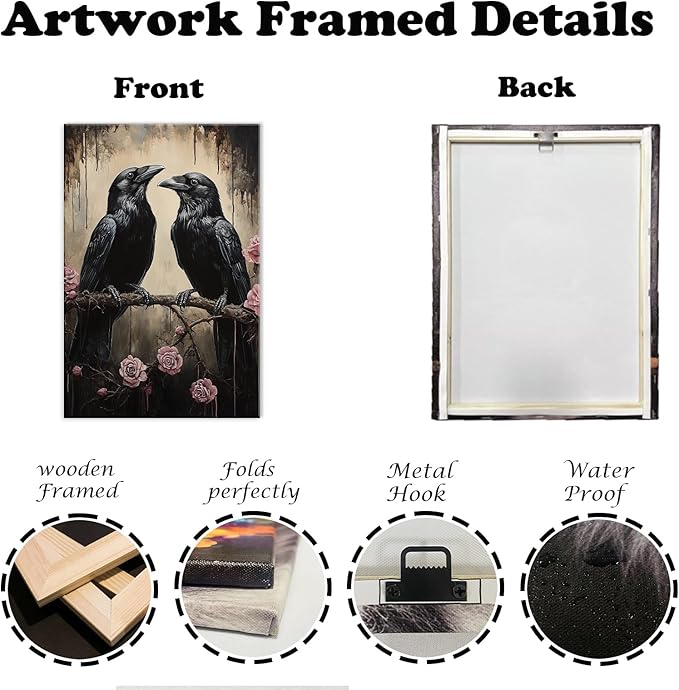 OAAPITI Crow Canvas Wall Art Black Raven Picture Print Pink Rose Poster Vintage Gothic Painting Artwork for Living Room Halloween Decor(Artwork-6,12"x18")