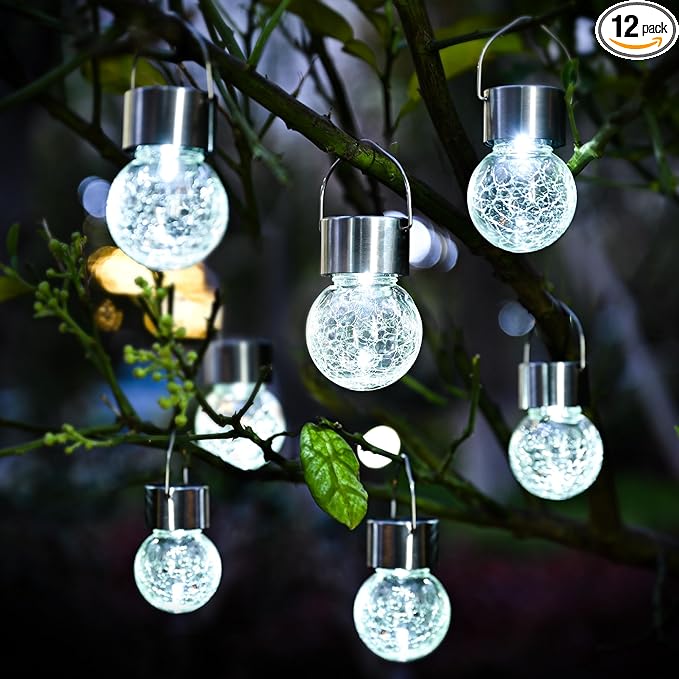 Solpex 12 Pack Hanging Solar Lights Outdoor,Solar Outdoor Lights Decorative, Solar Powered Waterproof Lights, Hanging Globe Light for Garden, Yard, Patio, Lawn, Flower Bed(Cold White)