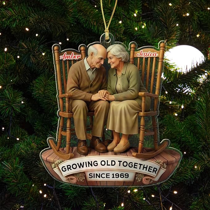 Custom Old Couple Sitting On Rocking Chairs Growing Old Together Since Christmas Ornament 2025, Personalized Year & Names Mr & Mrs Ornament Gift for Grandparents Grandpa Grandma/Husband Wife Dad Mom