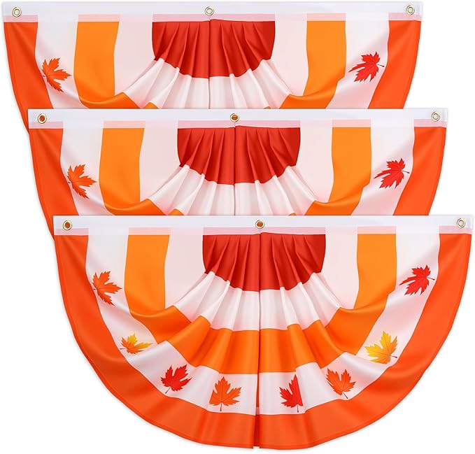 3 Pcs Fall Bunting Outdoor Flag for Outside 3 x 1.5 ft Fall Banner Leaf Pattern Hanging Pleated Bunting Fan Flag Autumn Thanksgiving Outdoor Decorations for Holiday Party