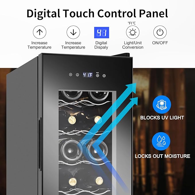 Wine Cooler Refrigerator 12 Bottles, Small Wine Fridge Mini Wine Fridge Countertop with Glass Door Wine Cellars for Red Wine, Champagne, Dry White Wine, Sparkling Wines