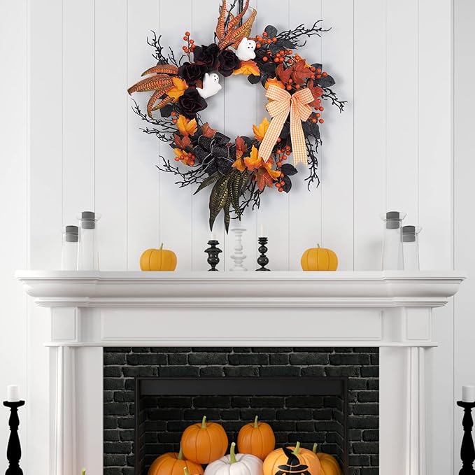Adeeing 26 Inch Halloween Wreaths for Front Door, Halloween Decorations Ghost Wreath with Feathers Artificial Black Rose and Ribbon for Indoor Outdoor Home Party Decor