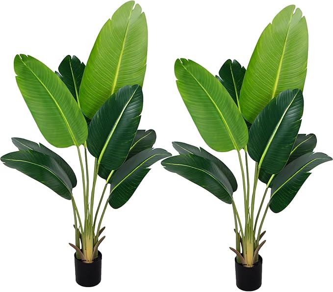 Artificial Bird of Paradise Plant 4Ft Fake Tropical Palm Tree with 8Trunks Faux Banana Leaf Trees in Pot for Home Indoor Outdoor Office Modern Decor Housewarming Gift(2Pcs)