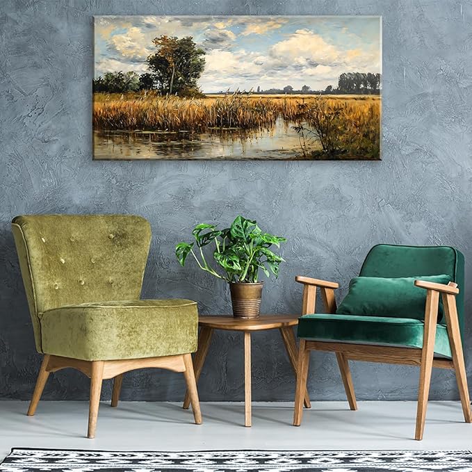 LASMOND Beautiful Wilderness Meadow Canvas Wall Art Oil Painting Reproduction Print Vintage Wildflower Field Scenery Countryside Landscape Tree Rustic Retro Decor Artwork Country Farmhouse Living Room 24x48 Inches
