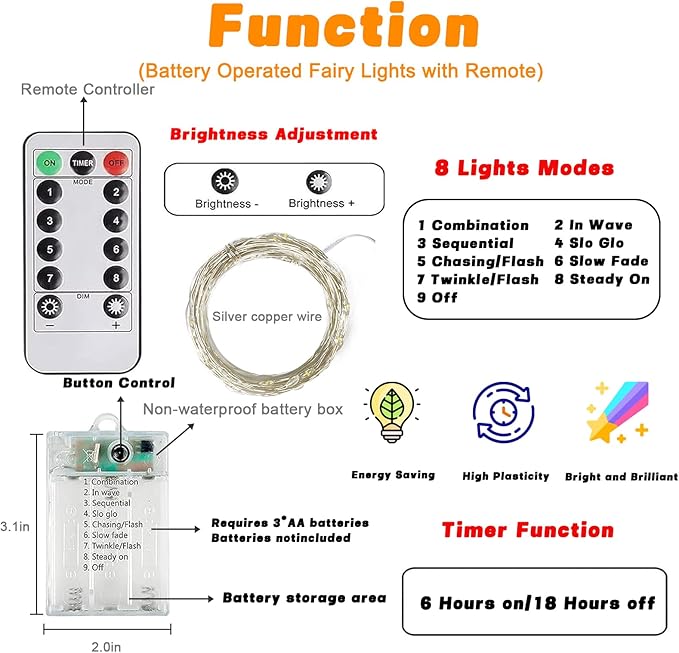 3 Pack 60LED Battery Operated Fairy Lights with Remote, 8 Modes LED String Lights with Timer, Dimmable, Memory Function, Waterproof Twinkle Fairy Lights for Outdoor Indoor Christmas Decor(Cool White)