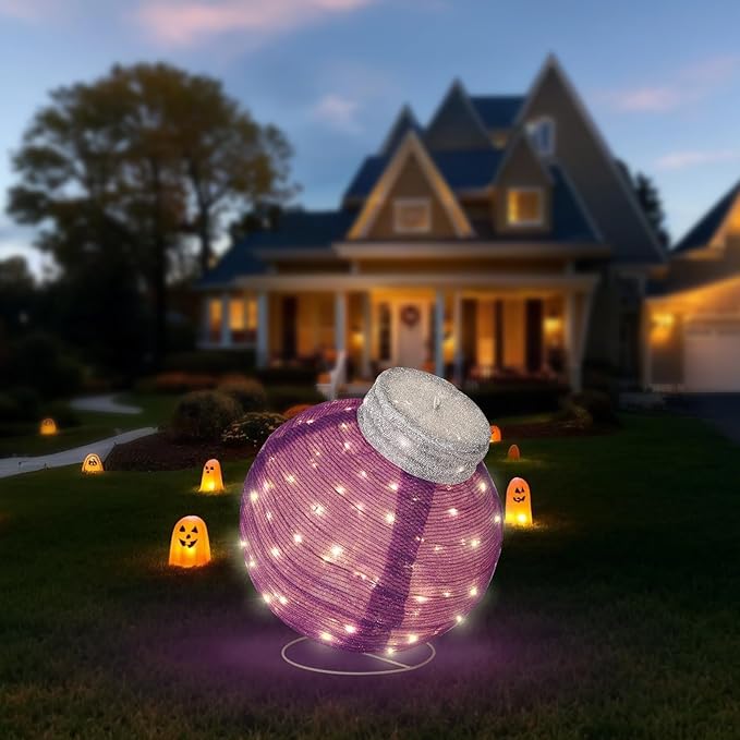 BRIGHTDECK Outdoor Halloween Ornaments, Lighted Pop-Up Outdoor Holiday Ball Decoration with 80 LED Lights, 8 Light Modes, Lighted Collapsible Holiday Decorations for Yard, Home (Purple)
