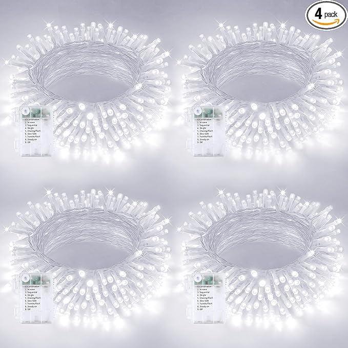 4 Pack String Lights Battery Operated with Timer, 66FT 200 LED Waterproof Battery Twinkle Lights, 8 Modes Fairy Light for Indoor & Outdoor Party Bedroom Garland Tree Christmas Decorations (Cool White)