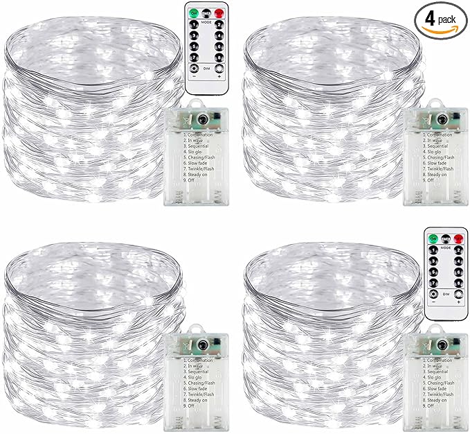 4 Pack Fairy Lights Battery Operated with Remote Control Timer, 26 FT 80 LED String Lights Outdoor Indoor, 8 Mode Twinkle Lights for Christmas Party Wedding Birthday Bedroom Décor (Cool White)