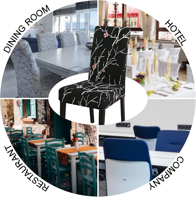 JQinHome Pattern Chair Covers for Dining Room Set of 6, High Stretch Removable Washable Parsons Chair Slipcover for Home Party Hotel Wedding Ceremony (Flourish Black,6PCS)