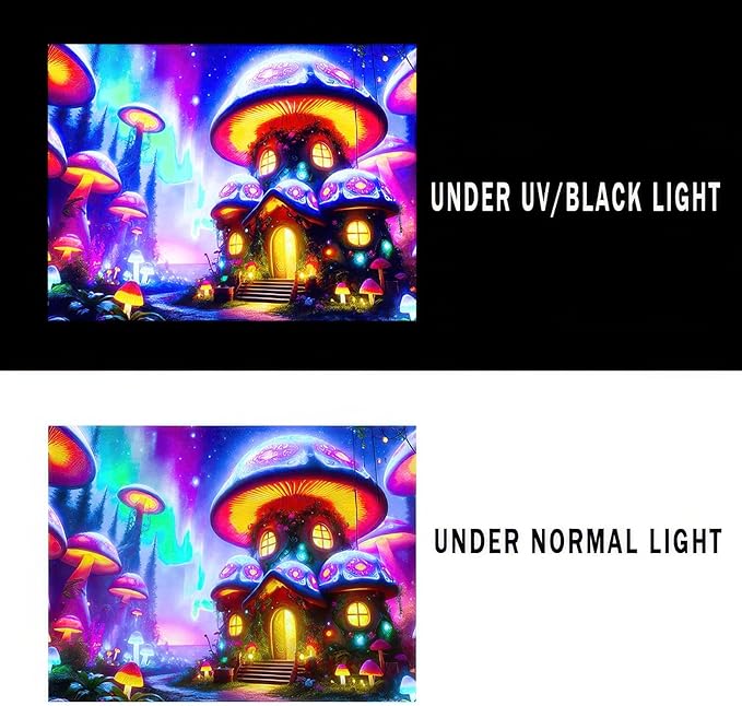 BlissYard Black Light Tapestry Uv Reactive Tapestry Glow Tapestry 78x59 Inches Enchanted Mushroom Village Wall Hanging, Fluorescent Art Decor with Glowing Mushrooms, Forest, and Fantasy Elements