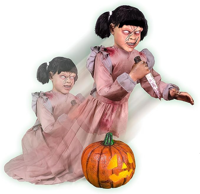 Haunted Hill Farm Lunging Pumpkin Carver Zombie Girl by Tekky, Motion-Activated Talking Halloween Animatronic for Indoor or Covered Outdoor Creepy Halloween Decorations, Plug-in or Battery Operated