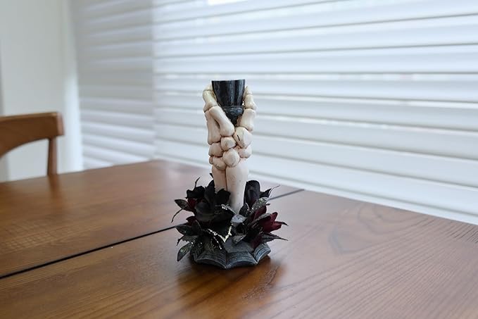 Skeleton Hand Halloween Candle Holder, Resin Candlestick Holder with Black&Burgundy Artificial Flowers Arrangement, Gothic Halloween Decor for Coffee Table/Dining Table Centerpiece, 6" Height