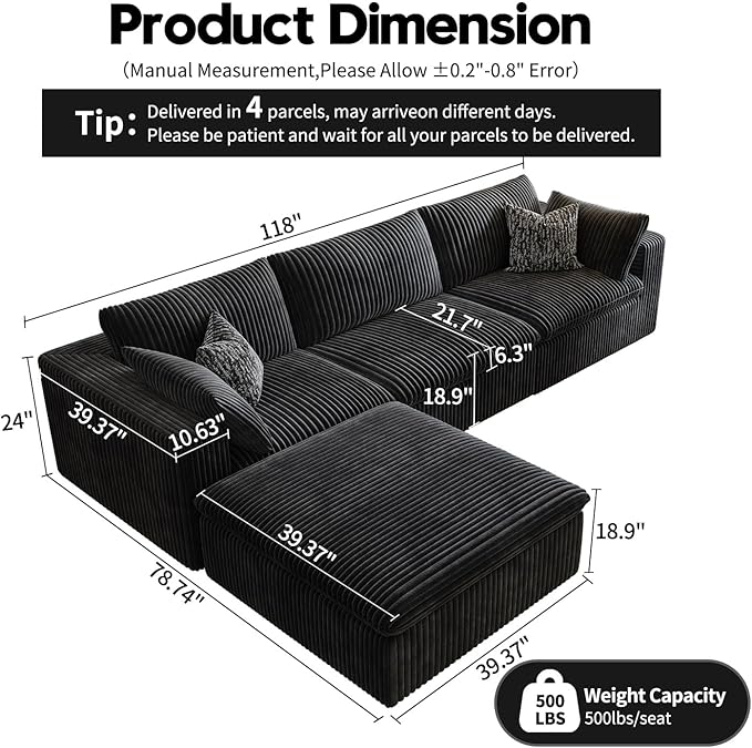 118" Cloud Couch Modular Sectional Sofa for Living Room,Modern Sofa with Deep Seat,L-Shape Boneless Couch with Ottoman,Comfy Upholstered Corduroy Couches for Apartment, Studio, Office,Bedroom,Black