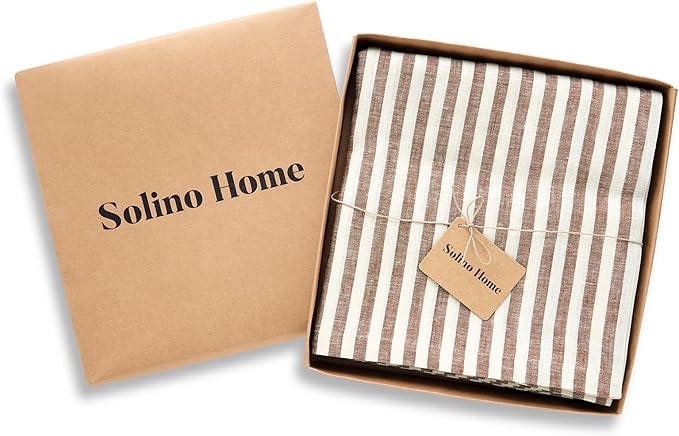 Solino Home Linen Tablecloth 60 x 120 Inch - Amalfi Stripe 100% Pure Linen Brown and Cream Table Cloth for Rectangle Tables - Machine Washable Tablecloth for Fall, Autumn, Thanksgiving